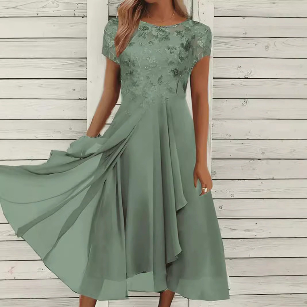 Chiffon Maxi Dress with Sequin Print Round Neckline Elegant Evening Wear Available in Multiple Colors and Sizes