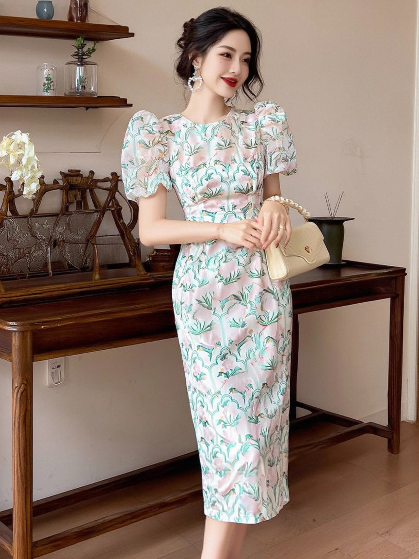 Đầm suông midi cổ tròn tay bồng họa tiết hoa phong cách Pháp — [Xanh lá] chi tiết 7