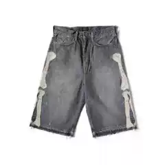 Bone Embroidery Distressed Washed Denim Shorts Personalized Shorts Cross-Border Spring and Summer New Loose Casual Shorts