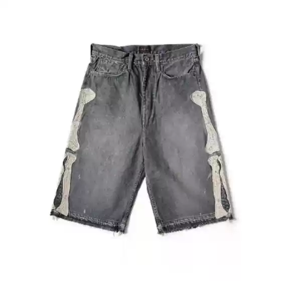 Bone Embroidery Distressed Washed Denim Shorts Personalized Shorts Cross-Border Spring and Summer New Loose Casual Shorts
