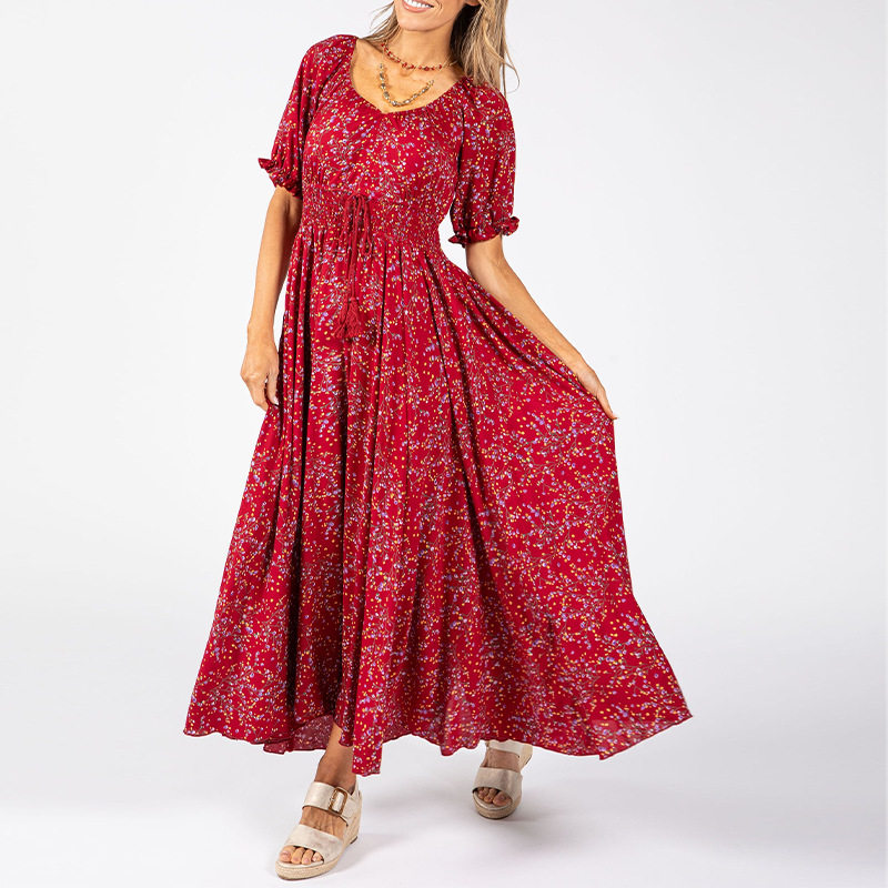 Elegant Floral Print Puff Sleeve Dress Spring Collection Waist Defined Silhouette Suitable for Casual or Formal