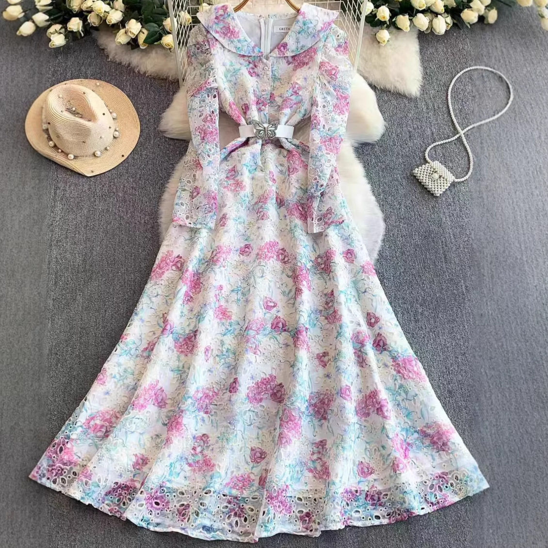 Floral Lace Long Sleeve Dress French Sweet Style Hollow Out Design Waist Defining Elegant for Spring Summer