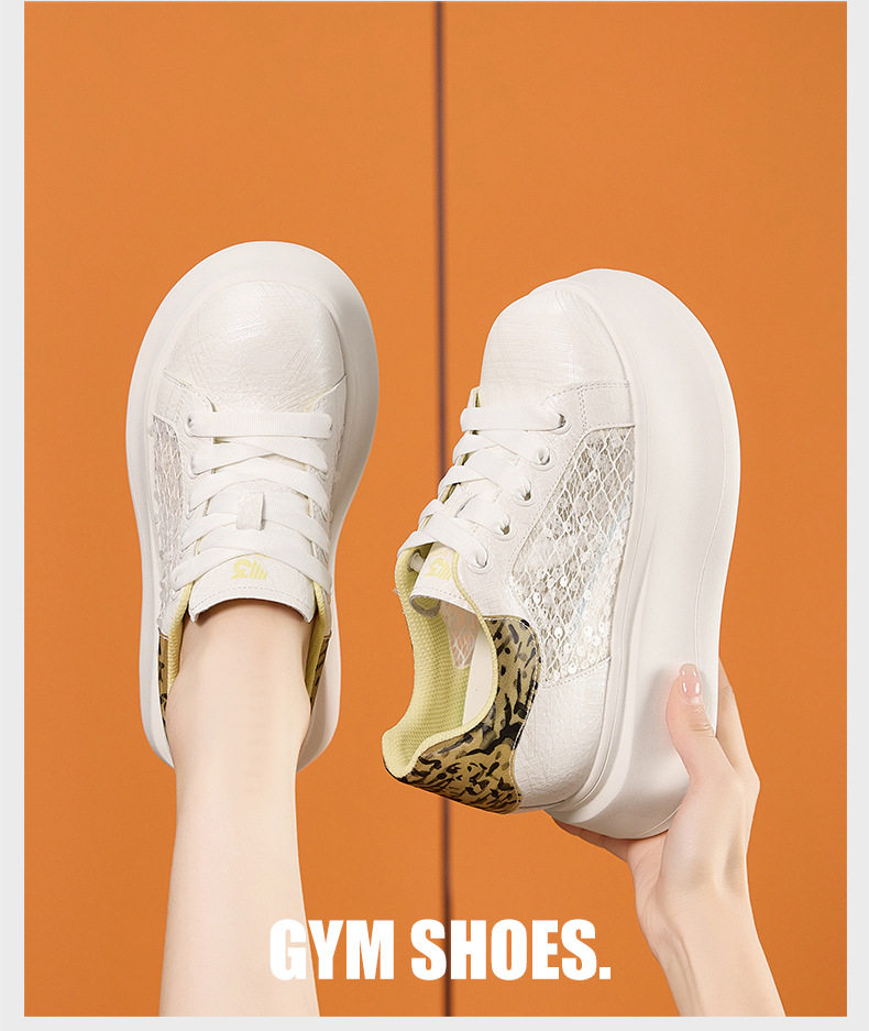Giày sneaker nữ chunky đế dày màu trắng, phối dây buộc, form thể thao — Hũ trắng vàng, Bột trắng chi tiết 11