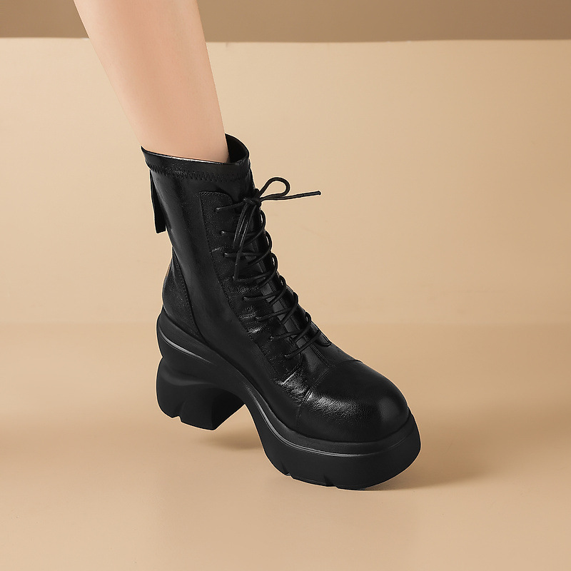 Boot nữ cổ thấp gót 10cm đế dày co giãn khóa kéo sau — Bảng màu nâu, Màu đen bên trong, Màu nâu., Trong danh sách đen