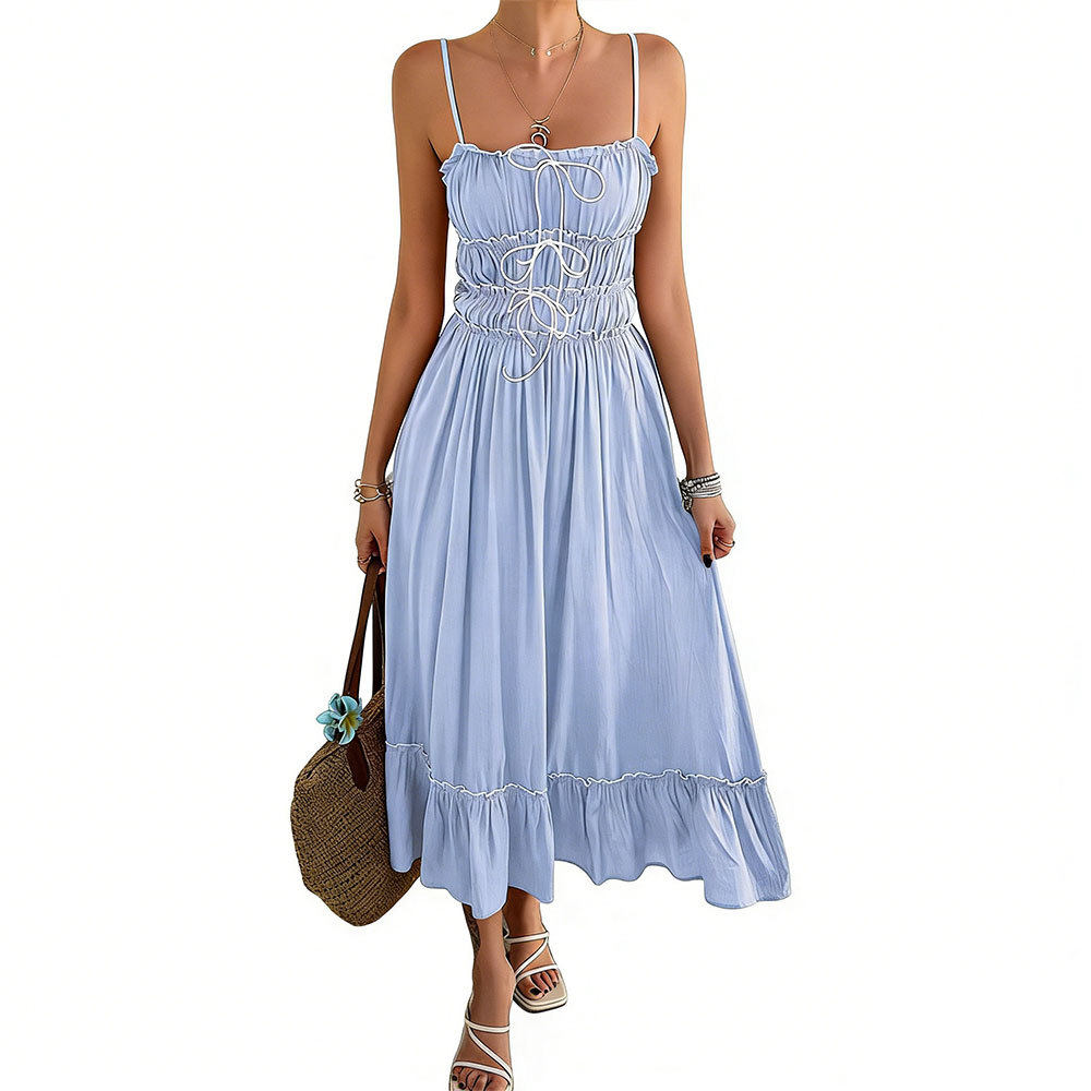 Light Blue A Line Midi Dress for Women Adjustable Straps Flowy Skirt French Style Perfect for Casual or Formal