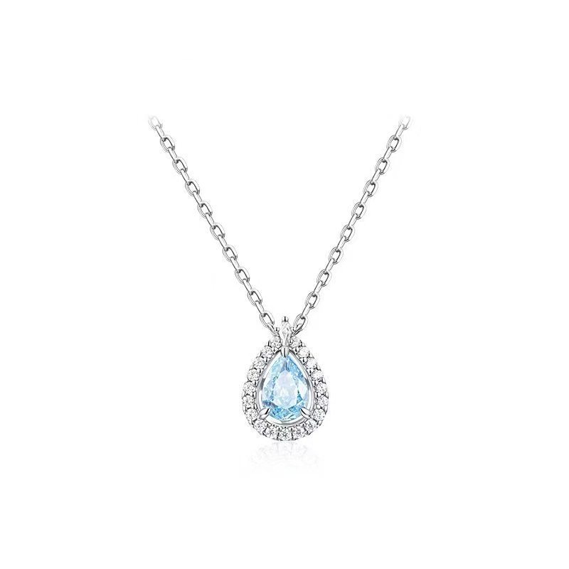 Fanjia White Copper Necklace with Logo Blue Tears Necklace Water Drop Niche Simple Clavicle Chain Fashion Gift for Girlfriend Birthday