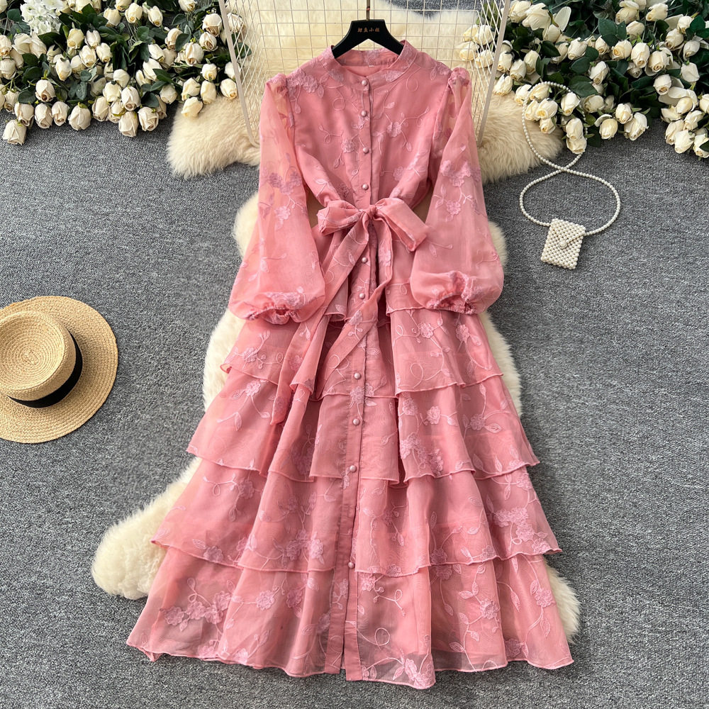 French Court Style Dress Elegant Embroidered Ruffles Waist Tie Button Closure Autumn Fashion for Women Wholesale