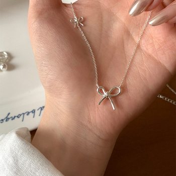 Twin Bow Necklace Women's Summer Japanese and Korean Style Simple Elegant 2024 New Sweet Ins Style High-grade Clavicle Chain
