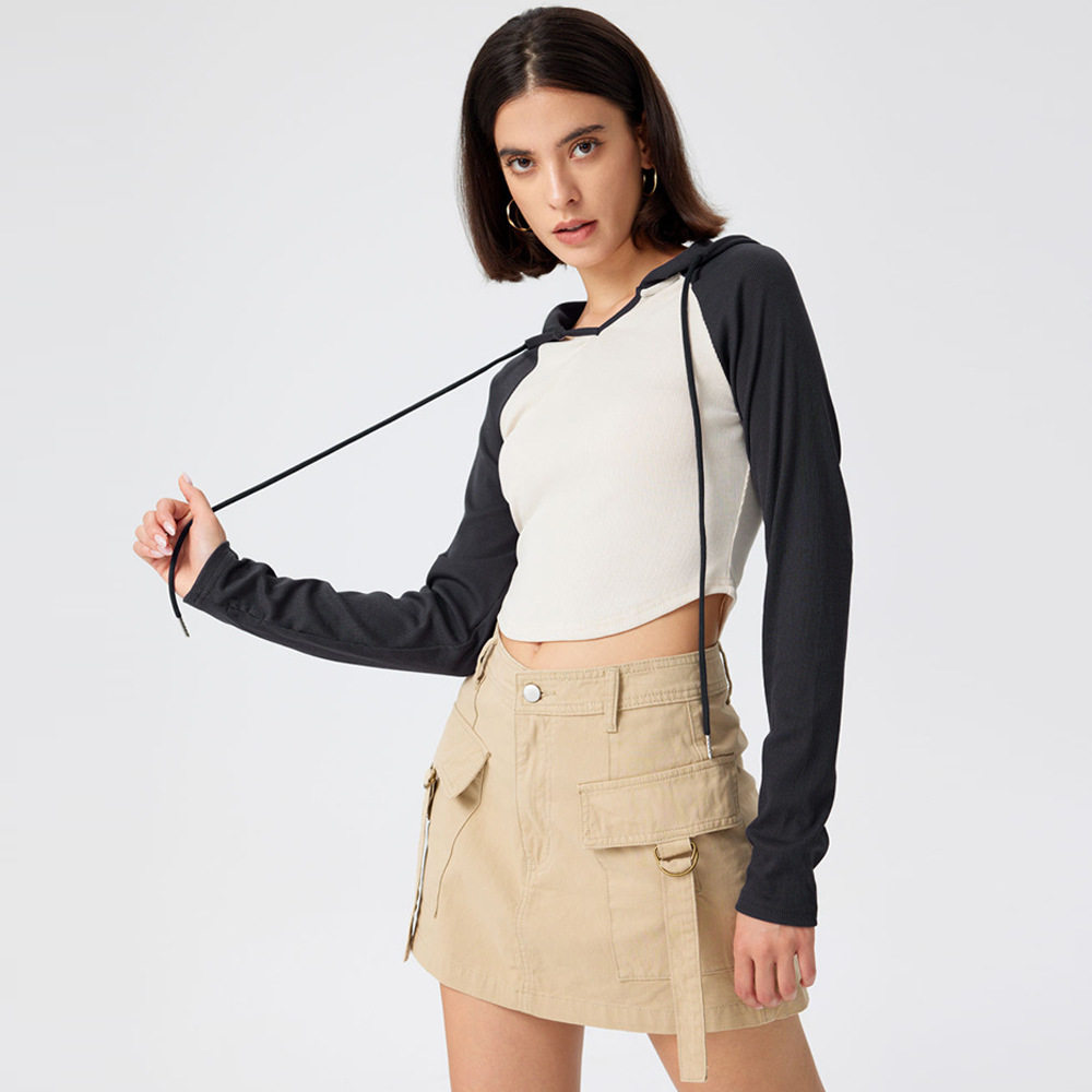 Womens Color Block Hooded Long Sleeve T Shirt Slim Fit Irregular Hem Spring Summer Style Wholesale Available