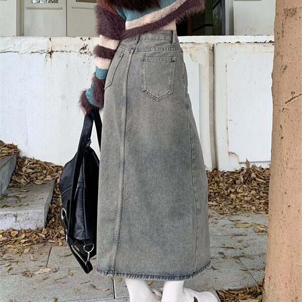 High Waisted Split Hem Denim Midi Skirt Washed Finish Korean Style Versatile for Spring and Autumn Wholesale Available