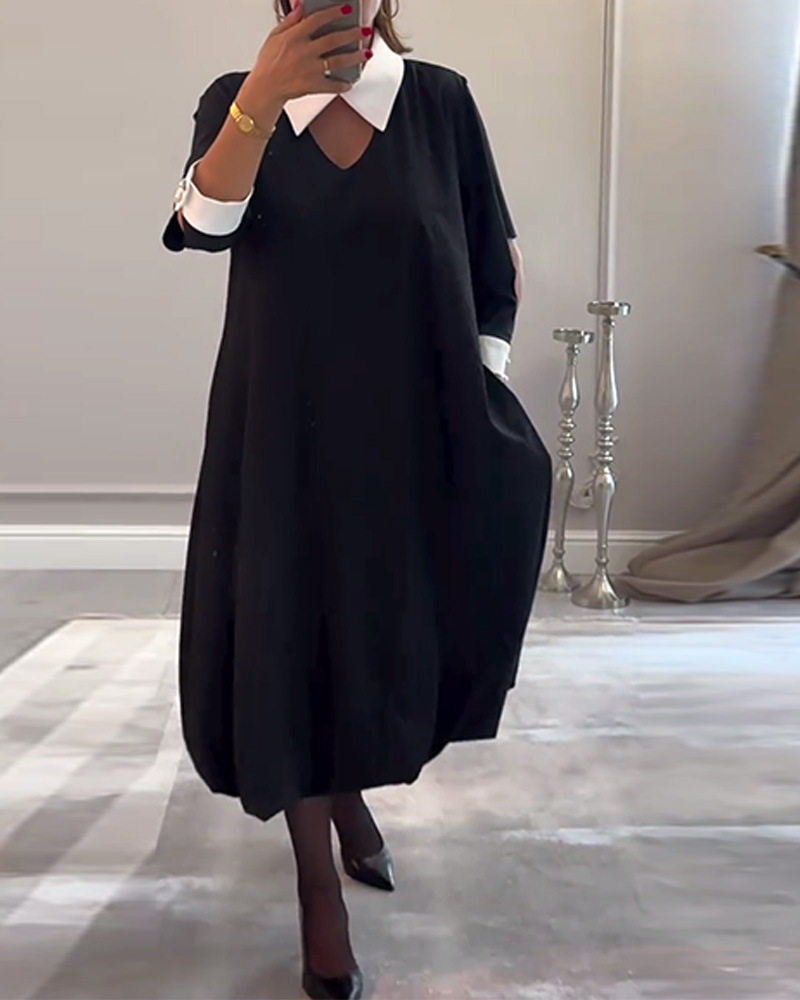 Loose Fit Long Sleeve Shirt Dress Color Block Design Pocket Detail Versatile Style Perfect for Casual Outings OEM