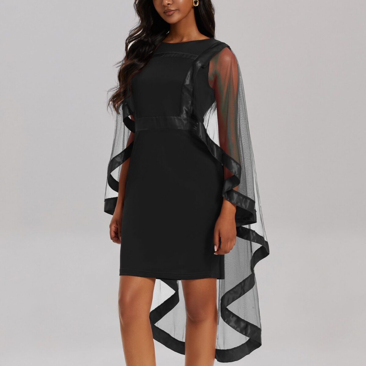 Sheer Mesh Dress Elegant Round Neck Plus Size Solid Color Fashionable Design Perfect for Parties and Special