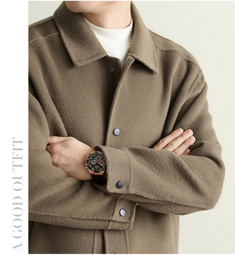 Áo khoác dạ ngắn nam hai mặt pha len lông cừu may thủ công cổ bẻ phong cách casual — Xám đậm, Cà phê đậm, Màu kaki