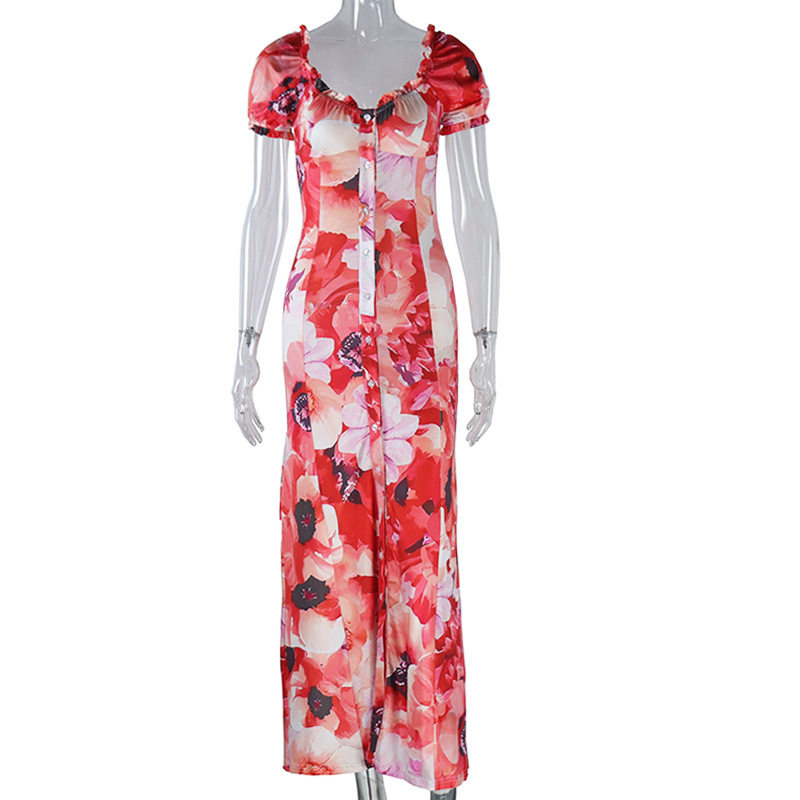 Bubble Short Sleeve U Neck Dress Fashionable Print Mid Length Button Cardigan Irregular Hem Casual Wear Wholesale