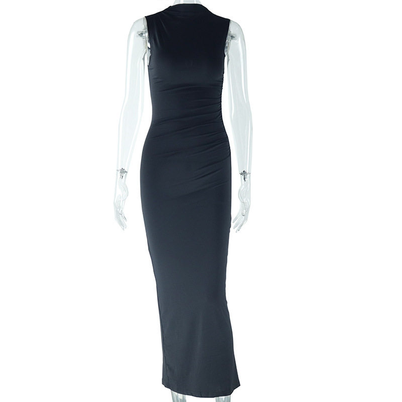 Sleeveless Bodycon Dress Solid Color Round Neck Waist Defining Casual Style Perfect for Parties or Everyday Wear