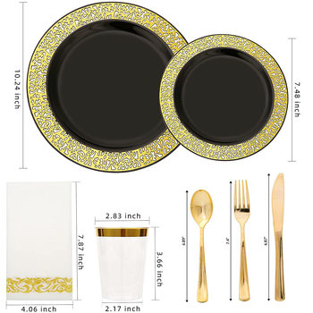 Black background Golden hollow plate suit disposable plate golden edge plate wine glass knife fork spoon PS hard plastic Amazon