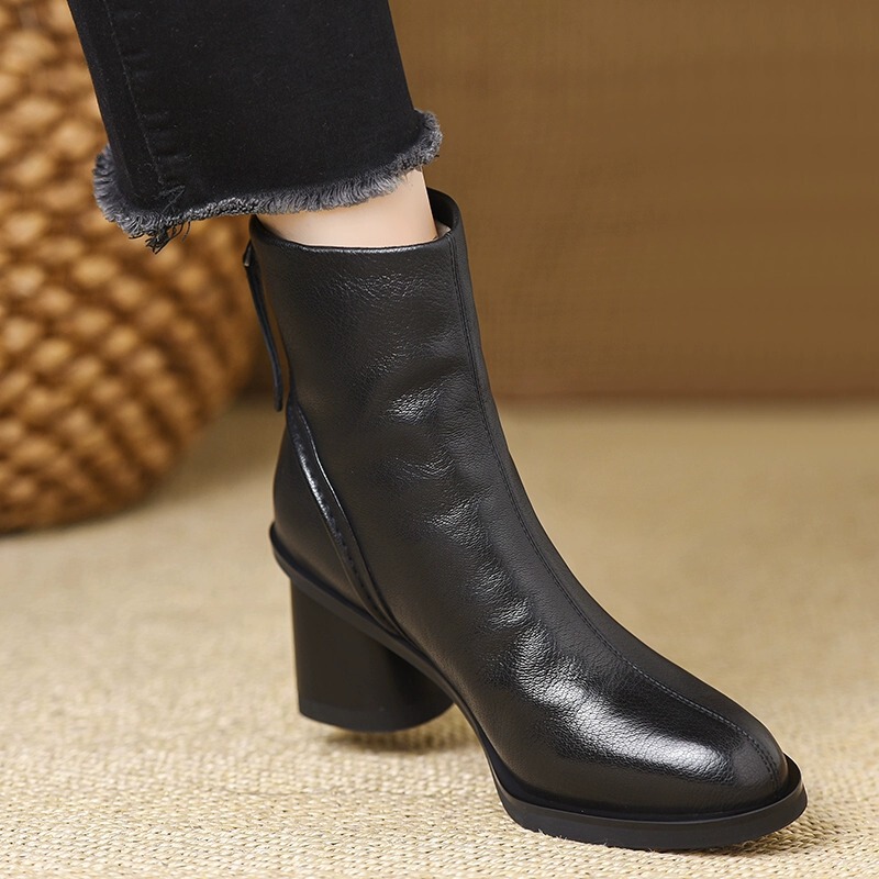 Boot nữ cổ thấp lông xù giữ ấm khóa kéo sau gót dày mũi tròn — Màu đen, Màu mơ