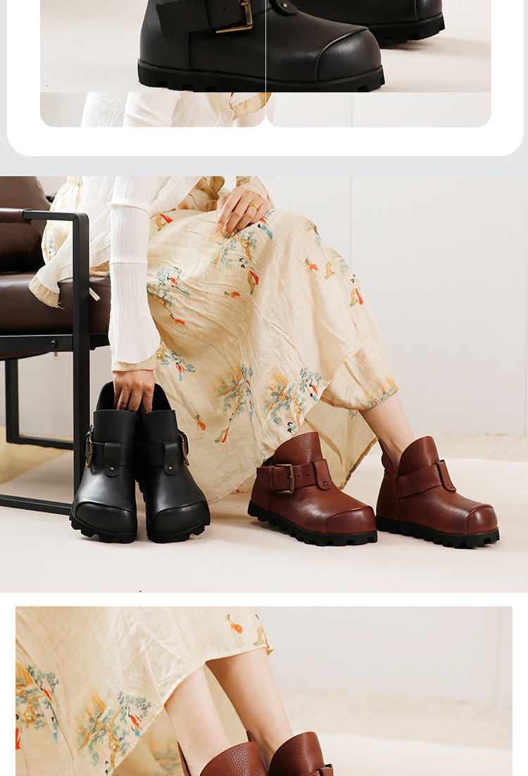 Boot nữ cổ thấp da bò thật đế bằng phong cách cổ điển — Màu đen, Màu nâu đậm