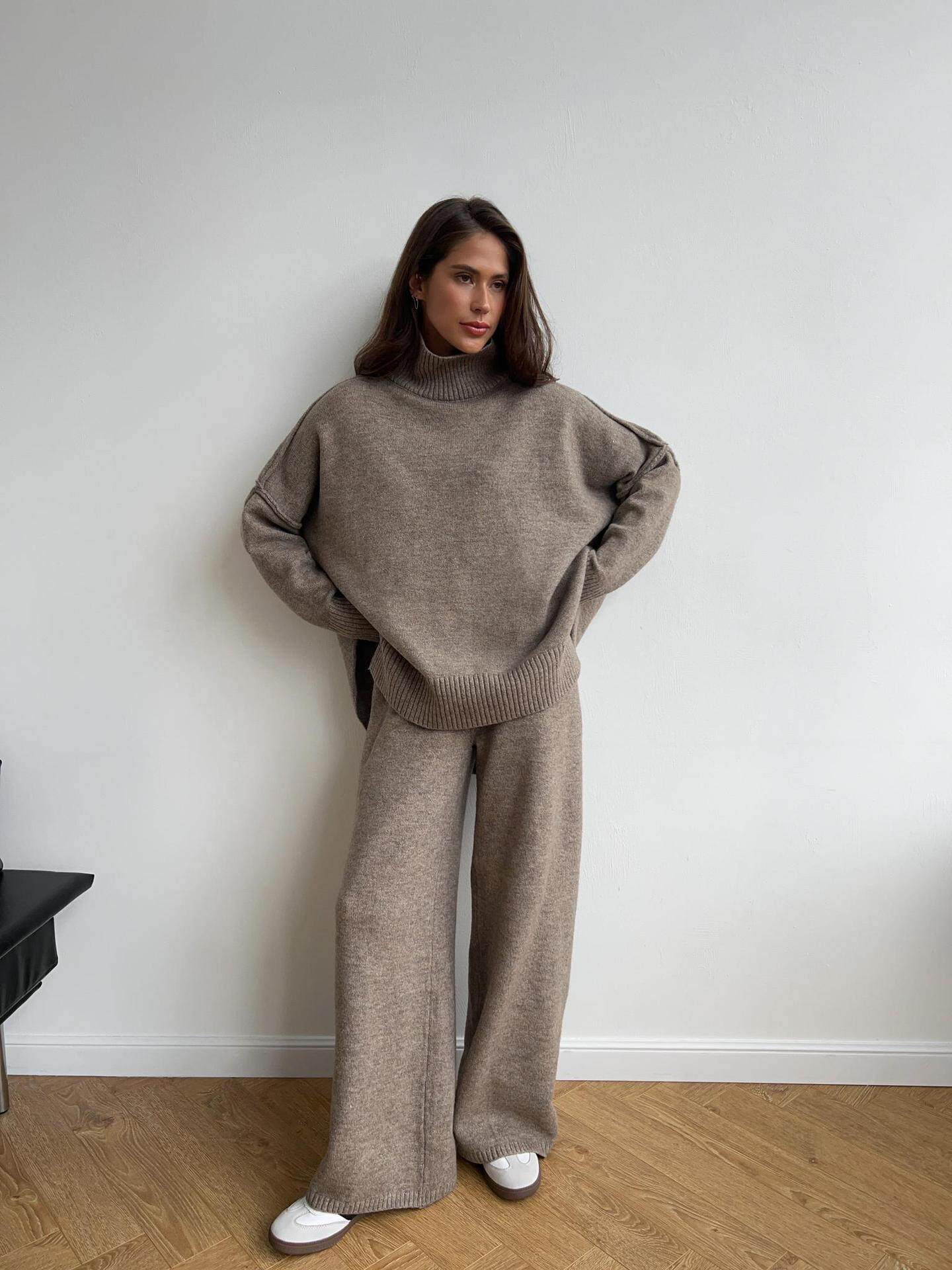 Womens Oversized Turtleneck Split Wool Sweater Set Cozy Knit Fabric Casual Style Perfect for Fall Winter Wholesale