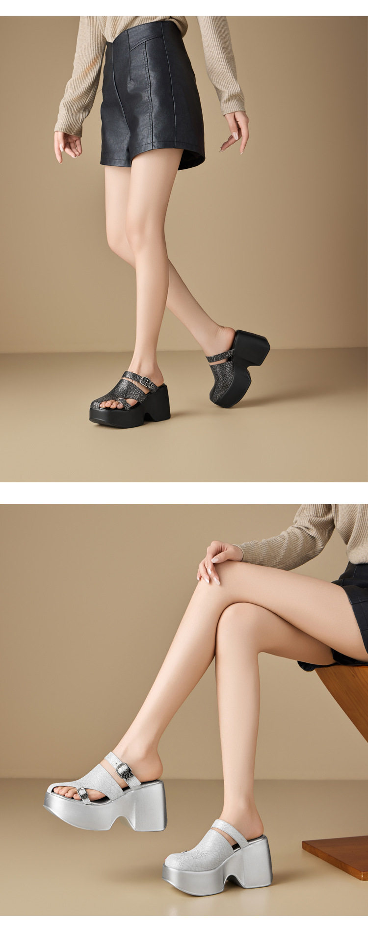 Sandal cao gót nữ hở mũi đế xuồng 10 cm da bò thật phong cách La Mã — [Đen], [Bạc], [Vàng nhạt] chi tiết 5