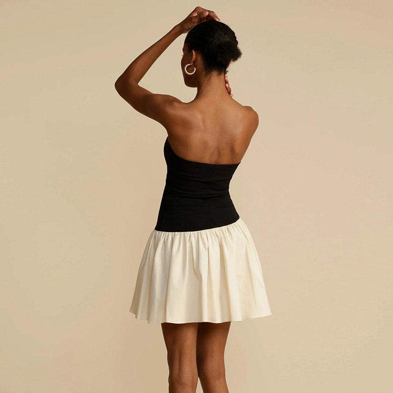 Color Block Strapless Mini Dress Elegant French Style Fitted Waist Spring Summer Fashion Wholesale Available