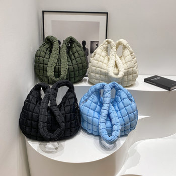 Cross-border wholesale pleated cloud bag women's bag fashion shoulder slung double side pull large capacity down cotton-padded jacket tote bag