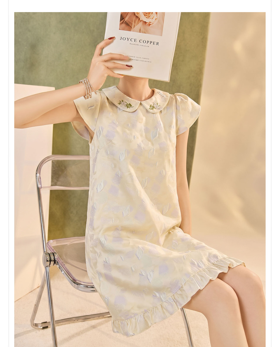 Đầm liền họa tiết jacquard cổ búp bê tay ngắn dáng chữ A — Phô mai vàng (giao hàng trong 7 ngày), Phô mai vàng (giao hàng trong ngày)
