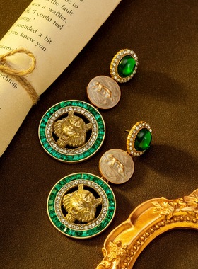 中古vintage复古宫廷风珍珠项链耳钉祖母绿镶钻狮子头满钻锁骨链