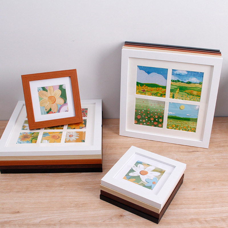 Carefully Selected Children's Handmade Painting Nine-Square Grids Photo Frame Empty Frame Square Oil Pastel Photo Frame Table Wooden Photo Frame