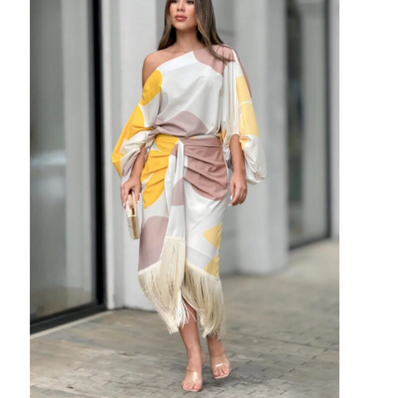 Summer Floral Lantern Sleeve Loose Top with Fringe Hem and Skirt Set Trendy Casual Style Wholesale Available