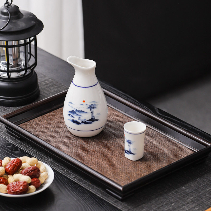 Blue and White Porcelain Wine Ware suit Leather Box Ceramic Wine Jug Gift Box Packaging Wine Glass Wine Dispencer Hot Wine Warming Warmer Gift