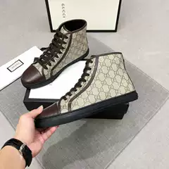 European Style Men's High-Top Canvas Monogram Lace-up Martin Boots, Genuine Leather Casual Ankle Boots, Breathable and Versatile