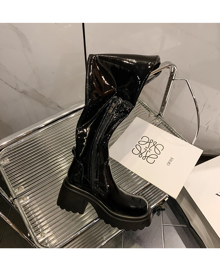 Boot nữ qua gối da bóng gót vuông 8cm cổ co giãn — Bọc ống to da bò, Chu vi ống lớn bằng da sáng chế, Ống tiêu chuẩn da bò, Ống tiêu chuẩn da sơn