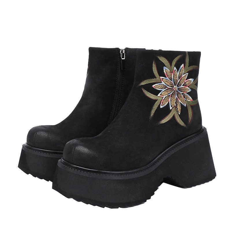 Boot nữ cổ thấp da bò thật thêu hoa gót cao — Màu cà phê, Màu đen