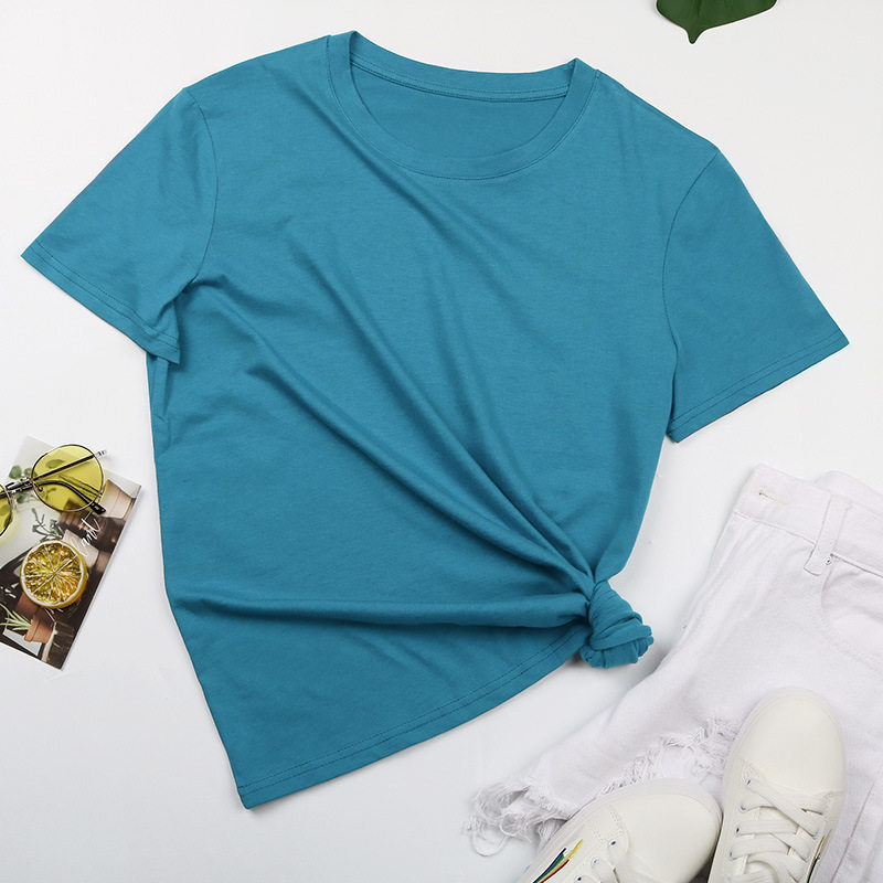 Womens Basic Round Neck Short Sleeve T Shirt 100 Cotton Solid Color Summer Style Wholesale Available