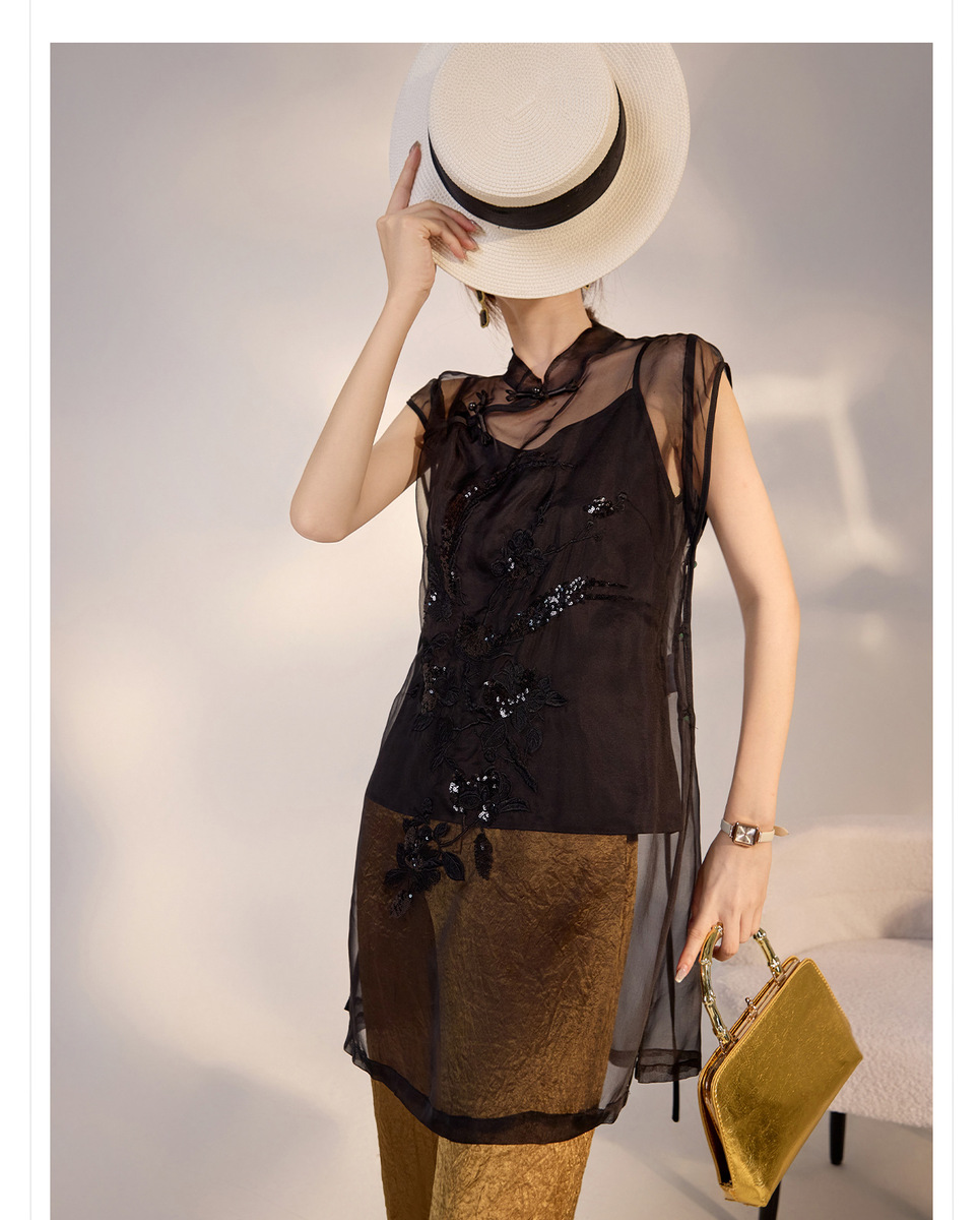 Áo gile nữ thêu họa tiết động vật cổ chữ V dáng thắt dây phối lụa organza