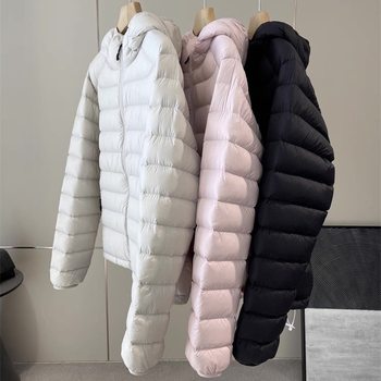 Samsung White Goose down Quality Goods! 15D Matte Nylon Low Elastic Silk Lightweight Warm Hooded Rib Goose down Jacket for Women