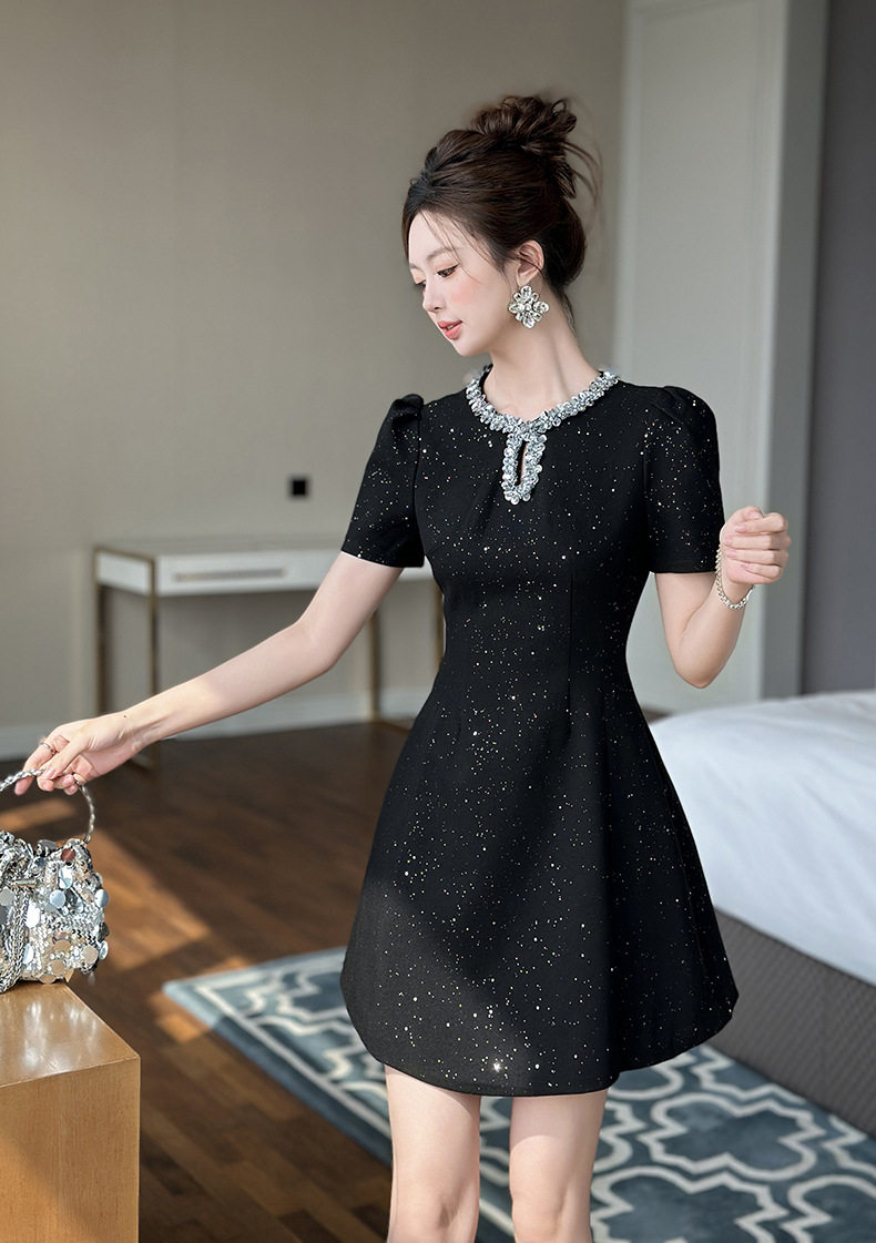 Đầm suông nữ tay ngắn cổ tròn dáng chữ A phong cách Pháp — [Đen], [Trắng] chi tiết 8