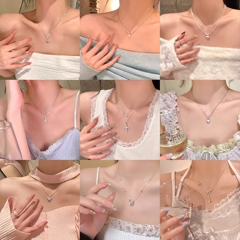 Korean Style Explosive Titanium Steel Pearl Necklace Light Luxury Niche High-end Super Flash Micro Zircon Pendant Clavicle Chain Necklace Chain