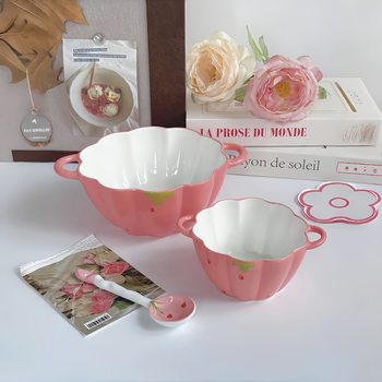 Strawberry Binaural Pumpkin Bowl Spoon suit Pink Cute Fresh Ceramic Bowl Household New Underglaze Color Exquisite Tableware