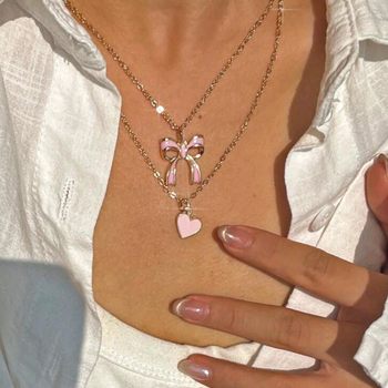 Cross-border Hot-selling Cute Exquisite All-match Love Bow Pendant Double-layer Necklace Niche Design Pink Collarbone Chain