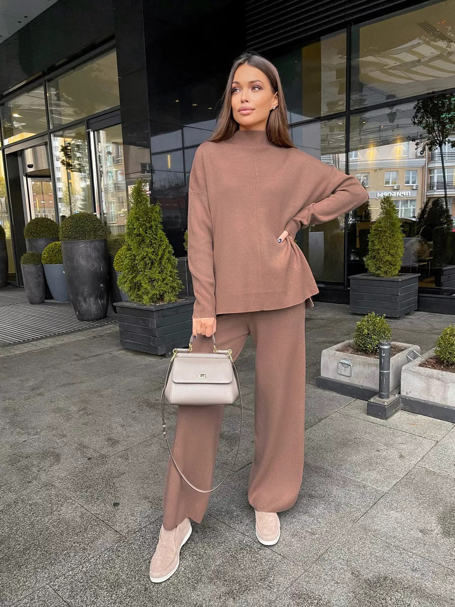 Womens Autumn Winter Oversized Sweater and Pants Set Long Sleeve Casual Split Design Perfect for Everyday Wear