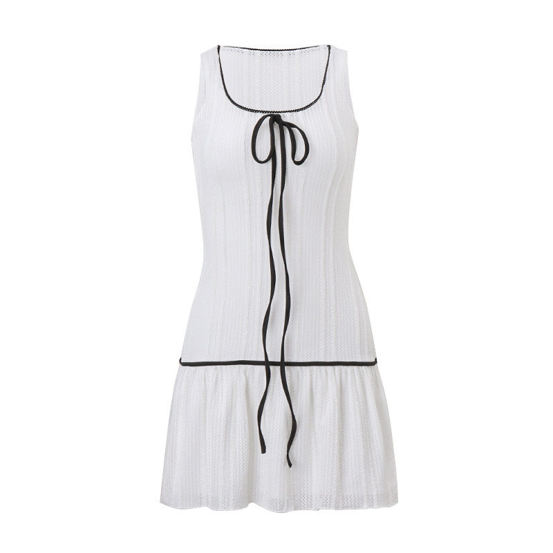 Summer Womens Sleeveless Dress Sexy Fit Bow Tie Mesh Fabric Trendy Style Perfect for Parties and Casual Outings