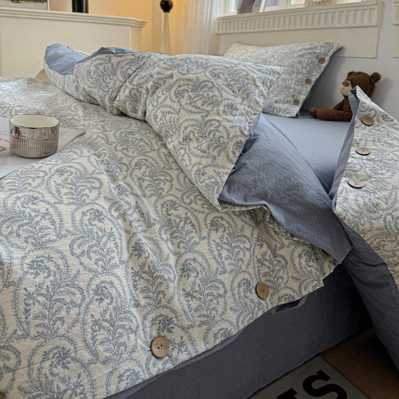 Cotton Raw Linen Four-Piece Set Floral Retro Button Style Pure Cotton Fitted Sheet Single Quilt Cover Dormitory Three-Piece Bedding Set