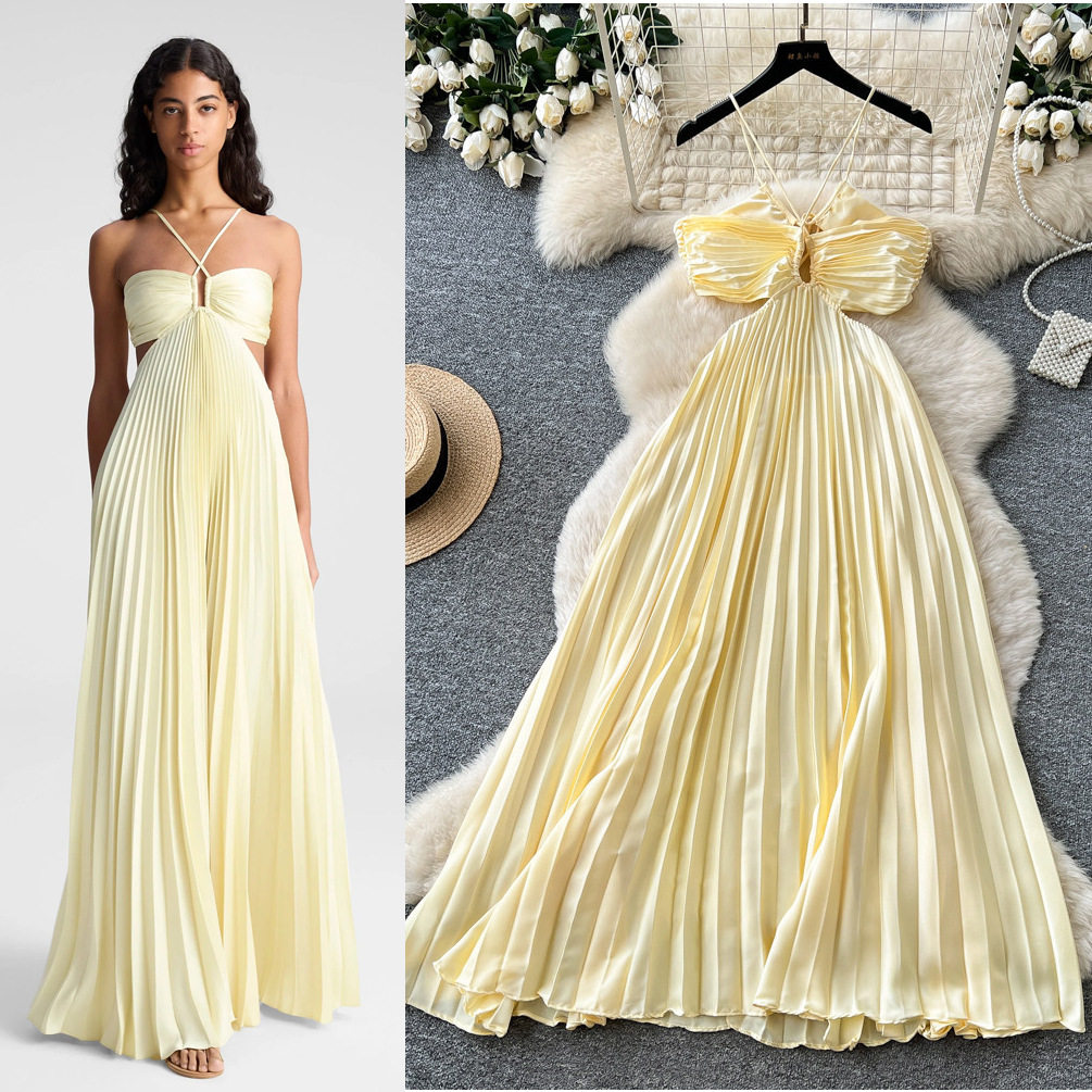 Backless Hollow Out Halter Dress French Beach Vacation Style Elegant Long Maxi for Summer Wholesale Available