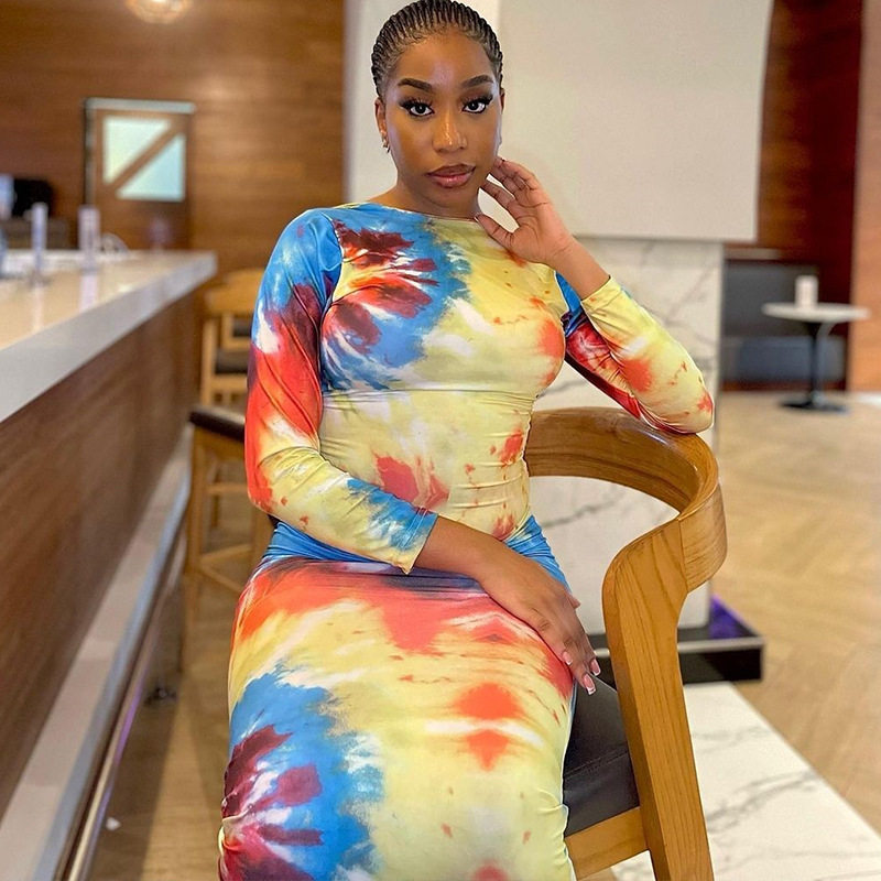 Spring European and American Style Fashionable Backless Dress Color Block Long Sleeve Bodycon Silhouette Streetwear