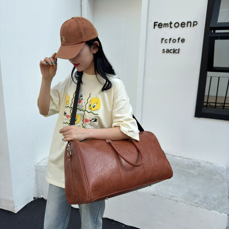 Fitness Sports Bag Men's Luggage Travel Bag Shoulder Crossbody Satchel Training Bag Women's Cylindrical Pu Leather Yoga Bag Versatile