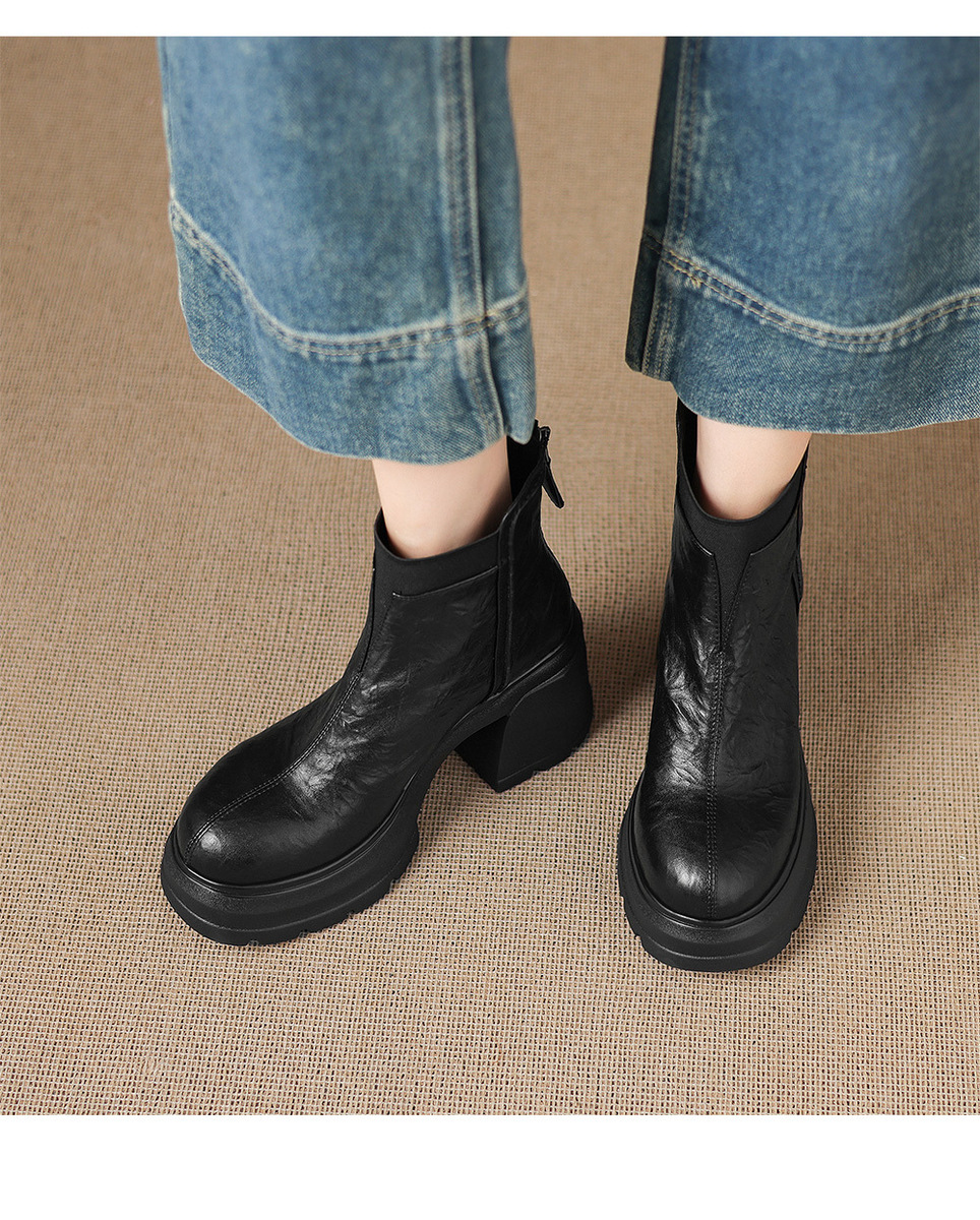 Boot Martin nữ đế dày gót thô 8cm khóa kéo sau dáng ôm chân — Lớp lót đơn màu đen, Lớp lót đơn màu nâu, Lót nhung đen, Lót nhung màu nâu