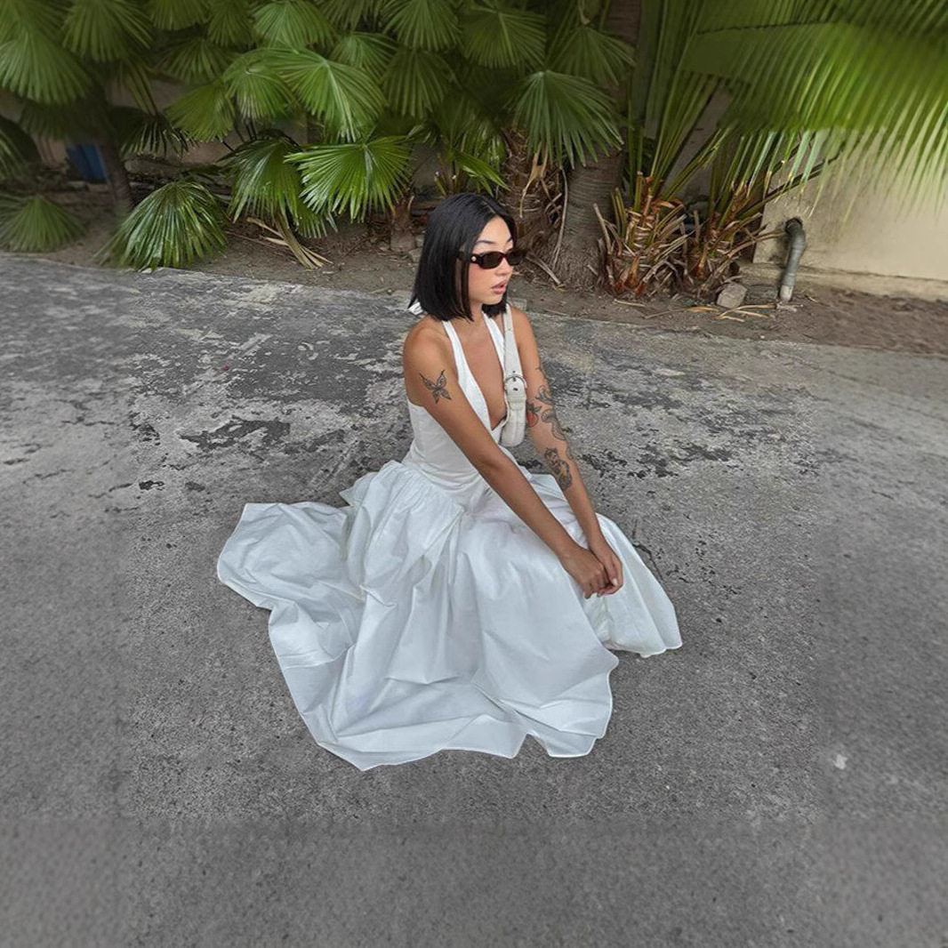 V Neck Halter Dress Sexy Slim Fit Elegant White French Princess Style for Autumn Wholesale Available