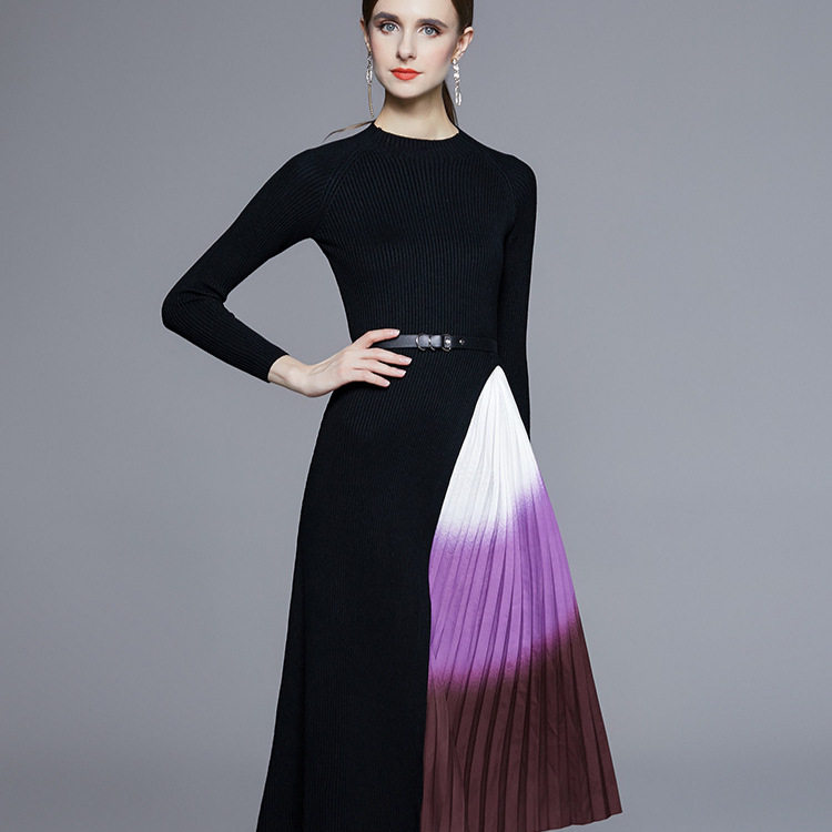 Elegant French Style Knit Color Block Pleated Midi Dress for Women Slim Fit Waist Defining Fall Fashion Wholesale